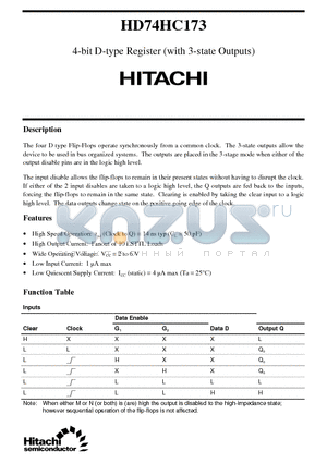 HD74HC173 datasheet - 4-bit D-type Register (with 3-state Outputs)