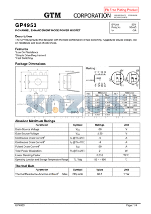 GP4953 datasheet - P-CHANNEL ENHANCEMENT MODE POWER MOSFET