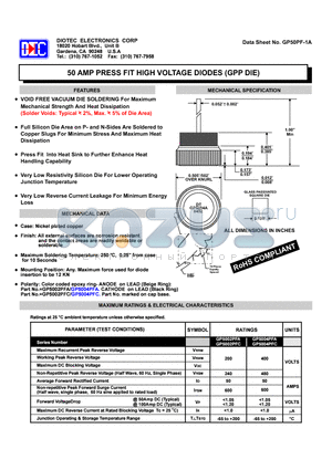 GP50PF-1A datasheet - 50 AMP PRESS FIT HIGH VOLTAGE DIODES (GPP DIE)