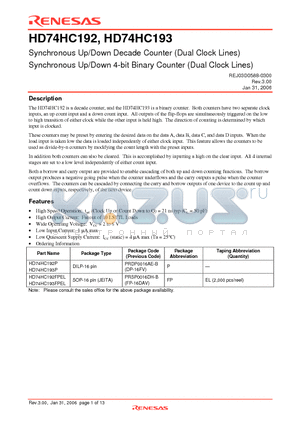 HD74HC192FPEL datasheet - Synchronous Up/Down Decade Counter (Dual Clock Lines)