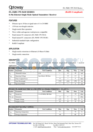 FL-5680F datasheet - 8Pin Ethernet Single-Mode Optical Transmitter / Receiver