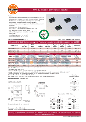 MUJ-100A-101 datasheet - ISDN SO Miniature SMD Interface Modules