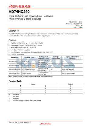 HD74HC240 datasheet - Octal Buffers/Line Drivers/Line Receivers (with inverted 3-state outputs)