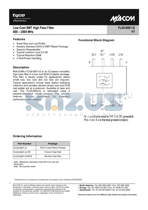 FL05-0001-G datasheet - Low Cost SMT High Pass Filter 800 - 3000 MHz