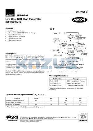 FL05-0001-G-RTR datasheet - Low Cost SMT High Pass Filter 800-3000 MHz