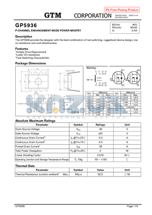 GP5936 datasheet - P-CHANNEL ENHANCEMENT MODE POWER MOSFET