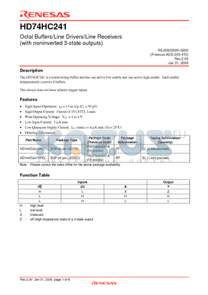 HD74HC241FPEL datasheet - Octal Buffers/Line Drivers/Line Receivers (with noninverted 3-state outputs)