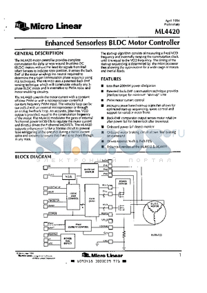 ML4420 datasheet - ENHANCED SENSORLESS BLDC MOTOR CONTROLLER