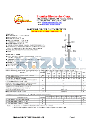 GP60-04R-LFR datasheet - 6A GENERAL PURPOSE PLASTIC RECTIFIER