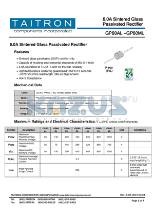 GP60AL datasheet - 6.0A Sintered Glass Passivated Rectifier