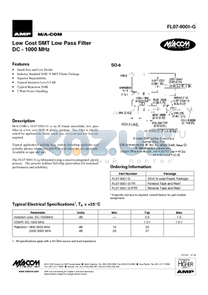 FL07-0001-G datasheet - Low Cost SMT Low Pass Filter DC - 1000 MHz