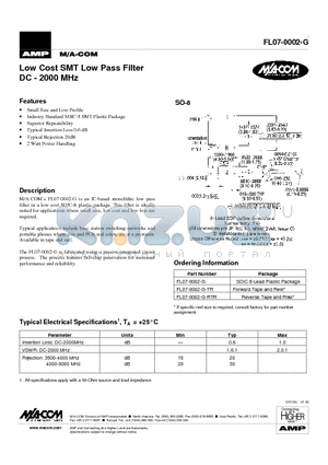 FL07-0002-G-TR datasheet - Low Cost SMT Low Pass Filter DC - 2000 MHz