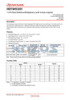 HD74HC251FPEL datasheet - 1 of 8 Data Selectors/Multiplexers (with 3-state outputs)