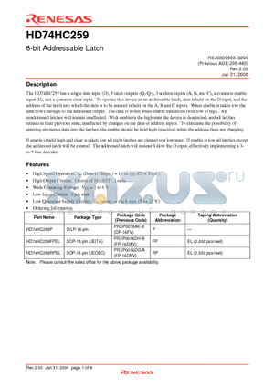 HD74HC259FPEL datasheet - 8-bit Addressable Latch