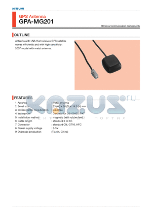 GPA-MG201 datasheet - Antenna with LNA that receives GPS satellite waves efficienly and with high sensitivity