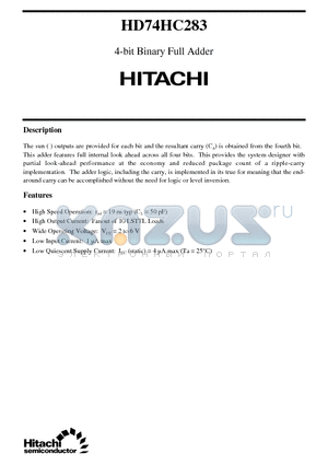 HD74HC283 datasheet - 4-bit Binary Full Adder