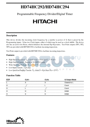 HD74HC294 datasheet - Programmable Frequency Divider/Digital Timer