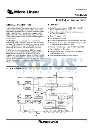 ML4658CP datasheet - 10BASE-T Transceiver