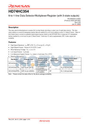 HD74HC354FPEL datasheet - 8-to-1-line Data Selector/Multiplexer/Register (with 3-state outputs)