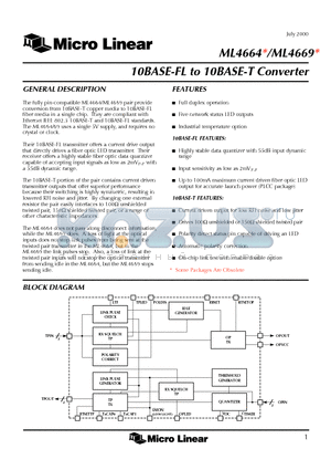 ML4664 datasheet - 10BASE-FL to 10BASE-T Converter