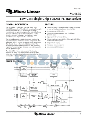 ML4665CQ datasheet - Low Cost Single Chip 10BASE-FL Transceiver