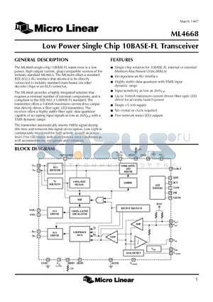 ML4668 datasheet - Low Power Single Chip 10BASE-FL Transceiver