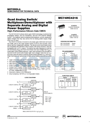 MC74HC4316 datasheet - Quad Analog Switch/Multiplexer/Demultiplexer with Separate Analog and Digital Power Supplies