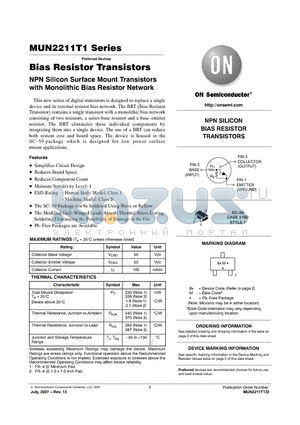 MUN2211T3G datasheet - Bias Resistor Transistors