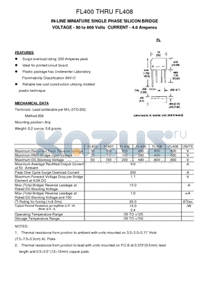 FL400 datasheet - IN-LINE MINIATURE SINGLE PHASE SILICON BRIDGE