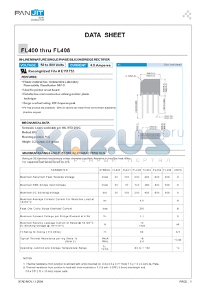 FL400_04 datasheet - IN-LINE MINIATURE SINGLE PHASE SILICON BRIDGE RECTIFIER