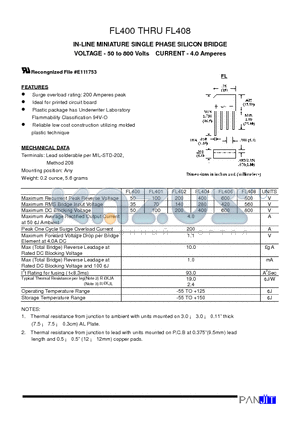 FL404 datasheet - IN-LINE MINIATURE SINGLE PHASE SILICON BRIDGE(VOLTAGE - 50 to 800 Volts CURRENT - 4.0 Amperes)