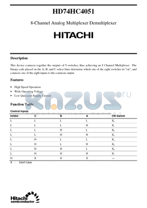 HD74HC4051 datasheet - 8-Channel Analog Multiplexer Demultiplexer