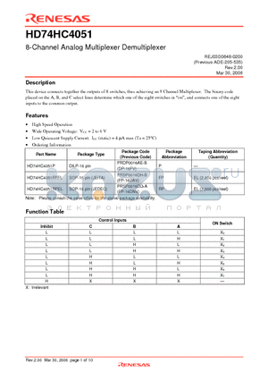 HD74HC4051FPEL datasheet - 8-Channel Analog Multiplexer Demultiplexer