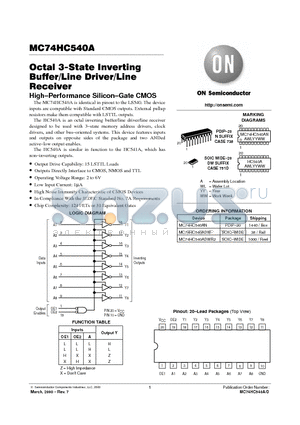 MC74HC540A datasheet - Octal 3-State Inverting Buffer/Line Driver/Line Receiver