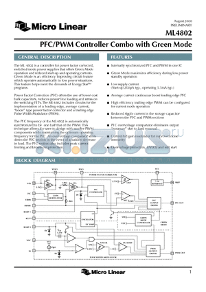ML4802CS datasheet - PFC/PWM Controller Combo with Green Mode