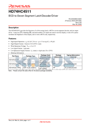 HD74HC4511 datasheet - BCD-to-Seven Segment Latch/Decoder/Driver