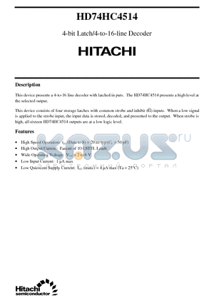 HD74HC4514 datasheet - 4-bit Latch/4-to-16-line Decoder