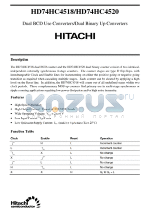 HD74HC4518 datasheet - Dual BCD Use Converters/Dual Binary Up Converters