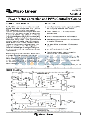 ML4804 datasheet - Power Factor Correction and PWM Controller Combo