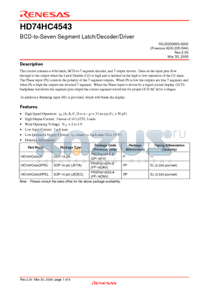 HD74HC4543RPEL datasheet - BCD-to-Seven Segment Latch/Decoder/Driver