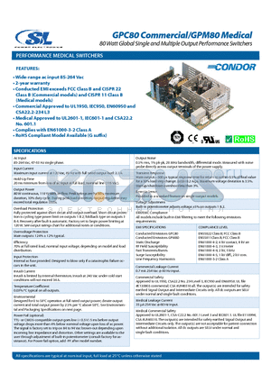 GPC80 datasheet - 80 Watt Global Single and Multiple Output Performance Switchers
