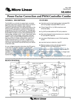 ML4804IP datasheet - Power Factor Correction and PWM Controller Combo