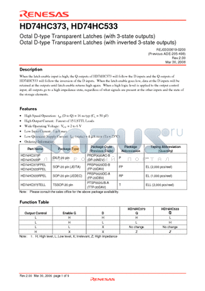 HD74HC533P datasheet - Octal D-type Transparent Latches (with 3-state outputs)/Octal D-type Transparent Latches (with inverted 3-state outputs)