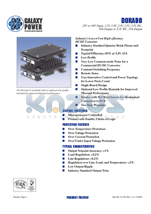 GPDC5V015RSSRT001 datasheet - DORADO 24V or 48V Input, 1.5V, 1.8V, 2.0V, 2.5V, 3.3V DC, 20A Output or 5.0V DC, 15A Output