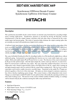 HD74HC669 datasheet - Synchronous UP/Down Decade,4-bit binary Counter