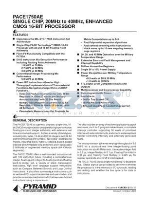 P1750AE-20QGMB datasheet - SINGLE CHIP, 20MHz to 40MHz, ENHANCED CMOS 16-BIT PROCESSOR