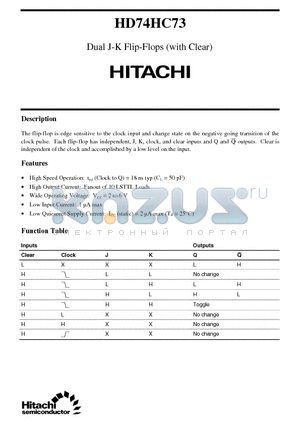 HD74HC73 datasheet - Dual J-K Flip-Flops (with Clear)