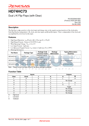 HD74HC73RPEL datasheet - Dual J-K Flip-Flops (with Clear)