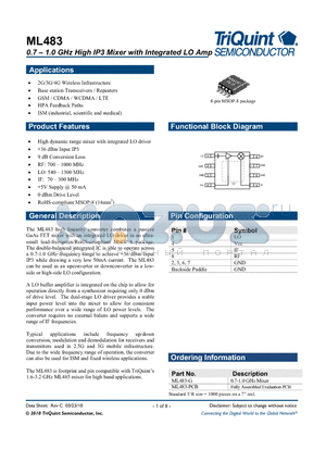 ML483 datasheet - 0.7-10GHz HIgh IP3 Mixer with Integrated LO AMP