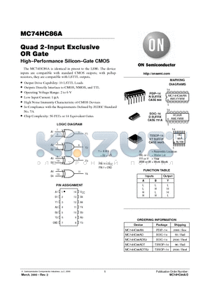 MC74HC86ADTR2 datasheet - Quad 2-Input Exclusive OR Gate